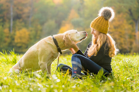 Happy woman playing with canine while sitting in park during autumn season