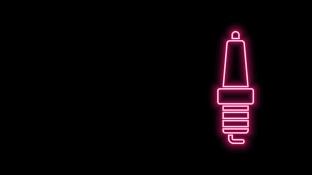 Glowing neon line Car spark plug icon isolated on black background. Car electric candle. 4K Video motion graphic animation