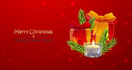 Red banner with Santa Claus, red, gold gifts, spruce, fir branches, lights and letters Christmas Sale. Holiday vector illustration for sale, advertising and special discounts.