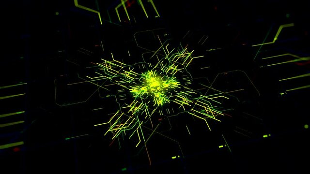 Futuristic digital intelligent high speed chip and data processing. Animation. Abstract visualization of digital data and energy transfer on black background. 