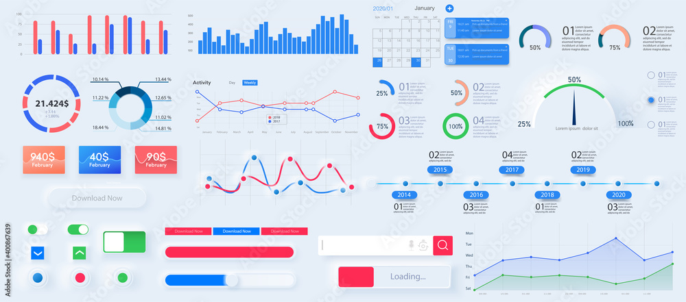 Poster infographic dashboard template with flat design graphs and pie charts. information graphics elements