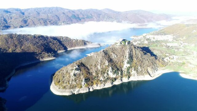Aerial view of Lake Turano in Rieti, Castel di tora, colle di tora and Ascrea lakeside villages