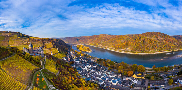 Germany, Rhineland-Palatinate, Bacharach, Drone view of town in Upper Middle Rhine Valley during autumn