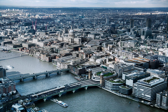 United Kingdom, London, St Pauls Cathedral and River Thames, aerial view