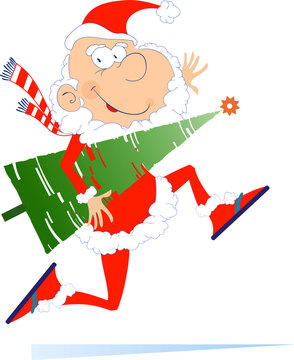 recommend clip art: Running smiling Santa Claus illustration. Comic cartoon Santa Claus runs and holds a fir isolated on white
                    