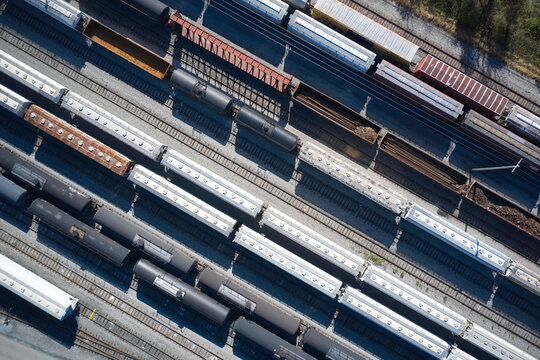 Aerial view of railroad cars and storage tanks