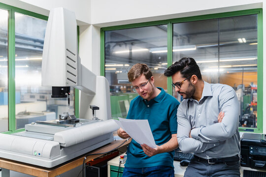 Male colleague and businessman reading document while standing by surveyor machine at factory