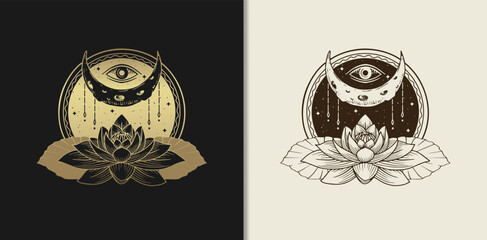 Moon, eye and lotus flower luxury gold hand drawn engraving style vector illustration. - obrazy, fototapety, plakaty