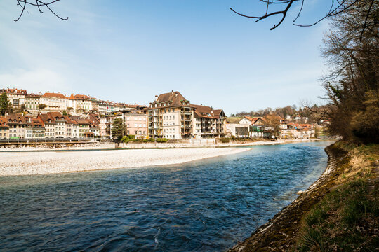 View of aare river by beautiful city in Switzerland