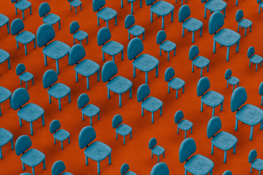 Rows of blue empty chairs on red background