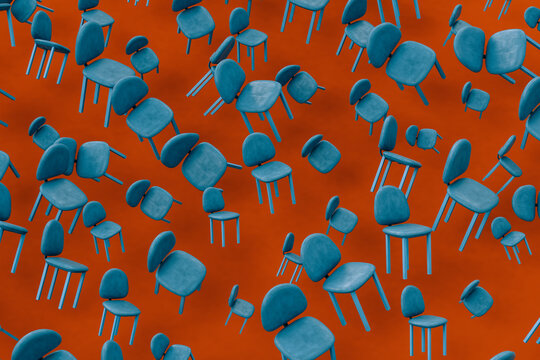 Rows Of Blue Empty Chairs Floating Against Red Background