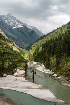 Drone view of Parvati River flowing along forested valley in Himalayas, India
