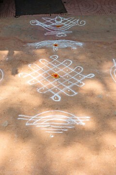 High angle view of rangoli design seen on footpath at Hampi, Karnataka, India