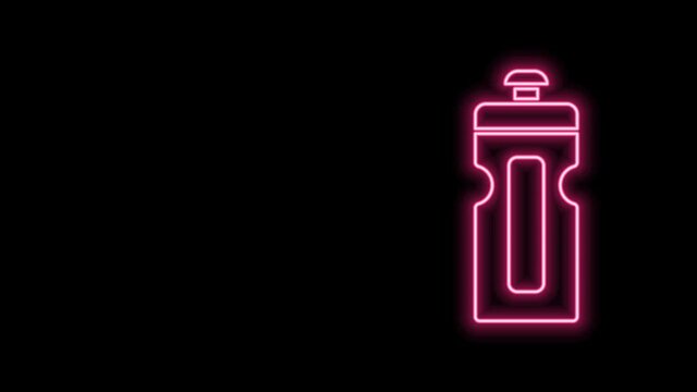 Glowing neon line Fitness shaker icon isolated on black background. Sports shaker bottle with lid for water and protein cocktails. 4K Video motion graphic animation