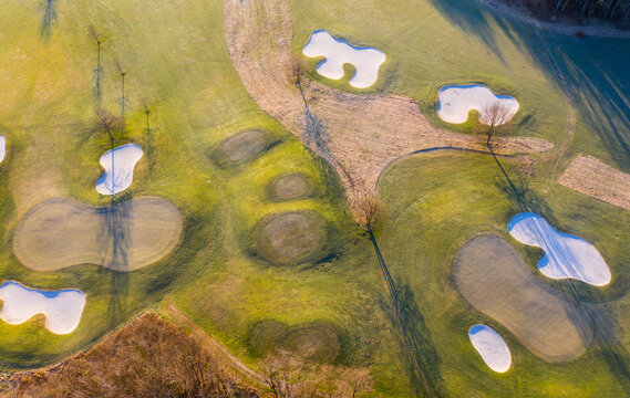Aerial view of empty golf course in autumn