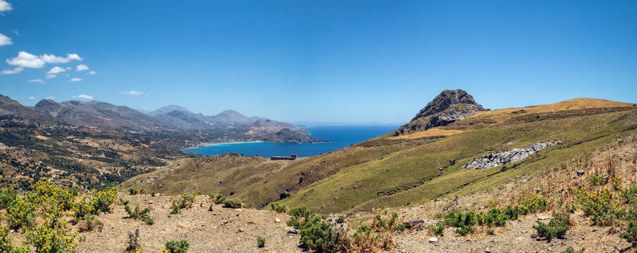 Greece, Crete, Plakias, Panorama of coastal landscape in summer