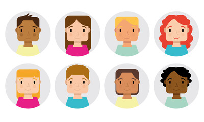 Hand drawn flat style vector design concept illustration of a diverse group of men and women, male and female faces avatars. Flat style  round vector icons character avatar set. 