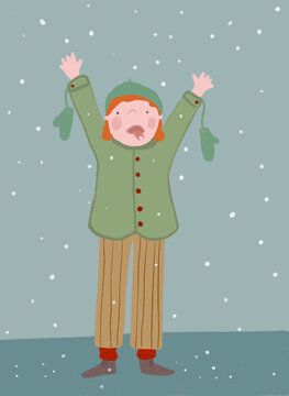 Clip art of boy catching snowflakes in winter