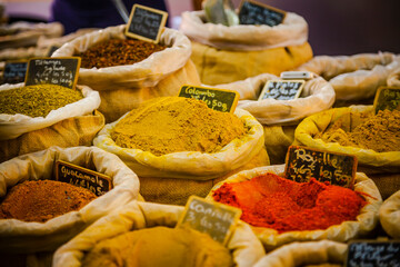 Mixed spices at a stall in an agricultural market in Provence, France