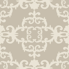 Seamless baroque style damask ornamental pattern. Hand drawn beige texture