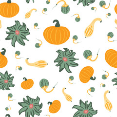 Vector illustration of repeat pattern with classic mixed pumpkins on a white background.
