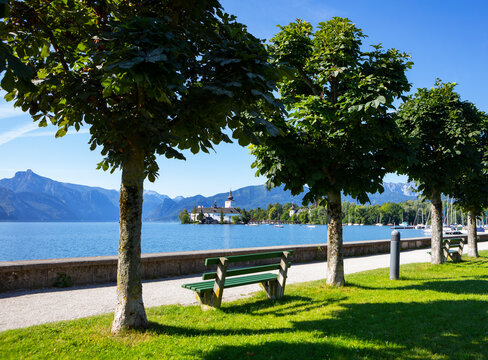 Schloss Ort seen through trees on esplanade, Gmunden, Salzkammergut, Upper Austria, Austria