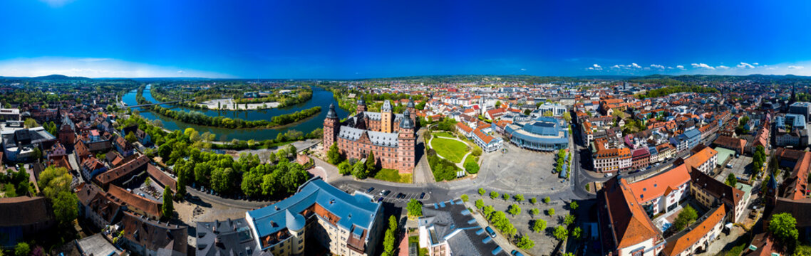Germany, Bavaria, Aschaffenburg, Helicopter panorama of&not;&dagger;Johannisburg&not;&dagger;Castle and surrounding town in summer