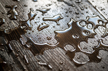 water is spilled on a dark wooden floor. Close-up of a drop of water.
