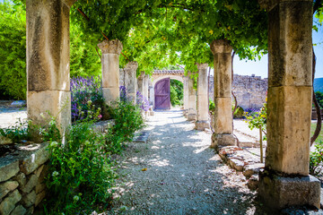 The lavender garden of the old abbey of Abbaye de Saint-Hilaire in Provence, France