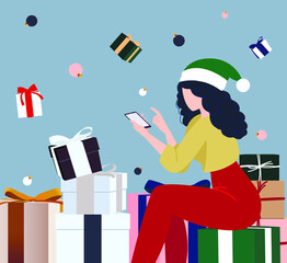 Vector illustration of online shopping for gifts. 
Winter festive design of a sitting girl sitting on a gift. Background from New Year's decor and Christmas tree decorations.