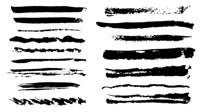 Set of isolated black wavy textured grunge brush strokes. Dirty hand drawn inky lines and blobs for graphic design, decoration