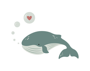 Vector cartoon illustration of a cute whale with bubbles and a heart inside. Valentine's day theme. Baby Valentine. Baby animals. World whale day. 