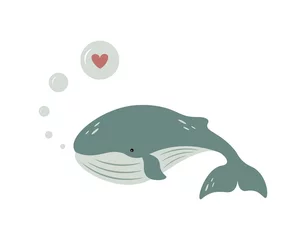 Tuinposter Cartoon vectorillustratie van een schattige walvis met bubbels en een hart binnen. Valentijnsdag thema. Baby Valentijn. Baby dieren. Wereld walvis dag. © Julia Me