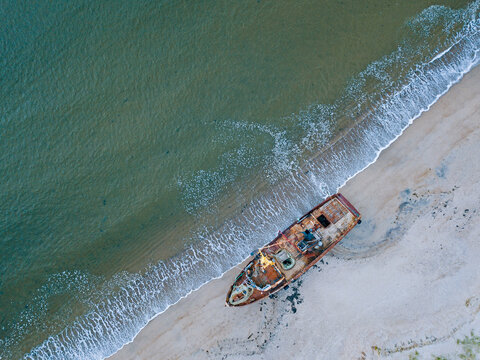 Russia, Murmansk region,&not;&dagger;Kolsky&not;&dagger;District, Teriberka, Barents Sea, Shipwreck on beach, aerial view