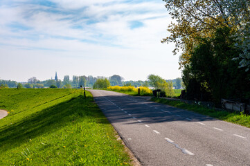 Fototapeta na wymiar Spring nature landscape with dam road along Waal river in Betuwe, Gelderland, Netherlands
