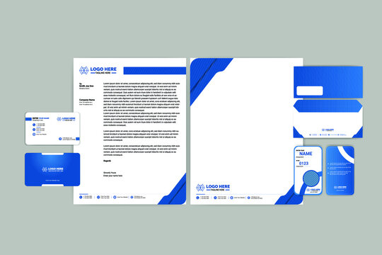 Stationery Corporate Brand Identity Mockup set with blue and white abstract geometric design.