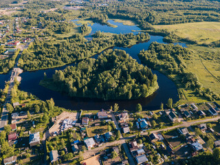 Russia, Leningrad Oblast, Tikhvin, Aerial view of town on bank of¬†Tikhvinka river in summer