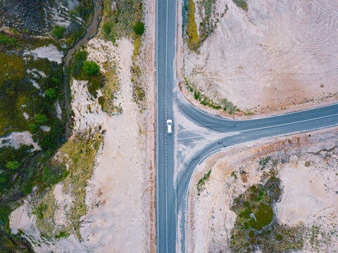 Russia, Murmansk region, Kolsky District, Teriberka, Roads intersection in landscape, aerial view