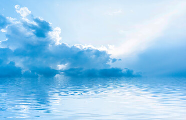 Daytime blue sky, horizon, sunlight reflected in water, clouds, waves. Empty sea landscape, natural...
