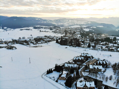 Camporovere, Altopiano di Asiago during winter season. Aerial drone view