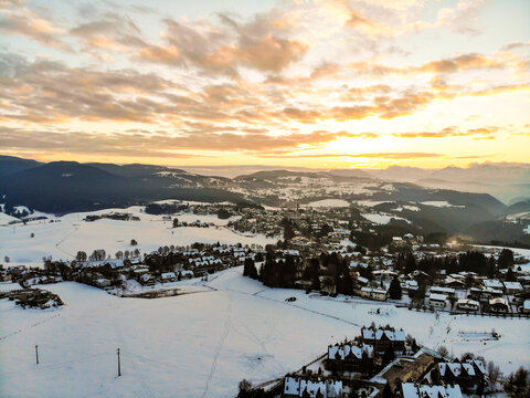 Camporovere, Altopiano di Asiago during winter season. Aerial drone view