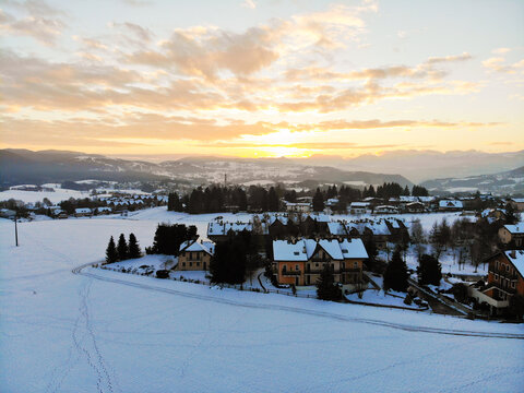 Camporovere, Altopiano di Asiago during winter season. Aerial drone view
