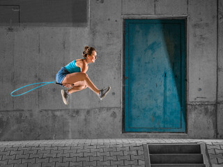 Young woman jumping over skipping rope against concrete wall under bridge