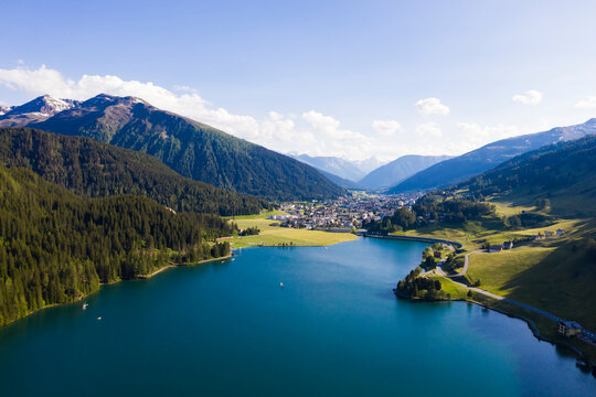 Switzerland, Canton of Grisons, Davos, Aerial view of Lake Davos in summer