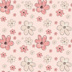 Spring flower meadow seamless pattern. Pink floral background. Repeating flower field. Summer or spring nature design. Use for fabric, kids wear, wrapping, surface decor