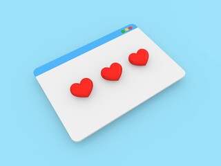 Internet browser page and hearts on a blue background. 3d render illustration.