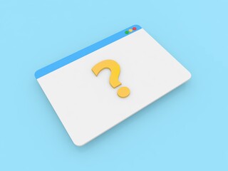 Internet browser page and question mark on a blue background. 3d render illustration.