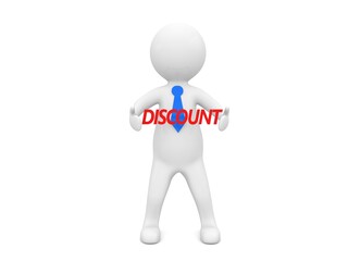 Businessman with word discount on white background. 3d render illustration.