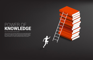 Concept background for power of knowledge. Silhouette of businessman running to move to top of book stack with ladder.