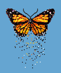 3D pixel art orange butterfly on blue background - 400885655